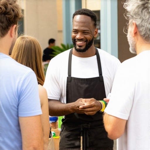 Community Engagement Boosts Local SEO Business owner interacting with locals at event for local SEO