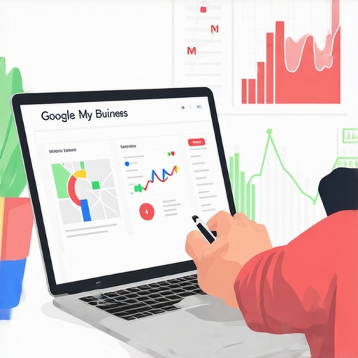 Person working on Google My Business profile optimization using a laptop with analytics and maps.