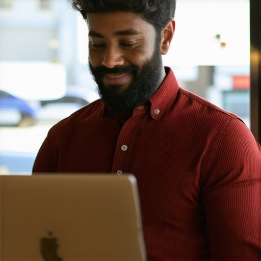 Business owner working on Google My Business profile with cityscape in background