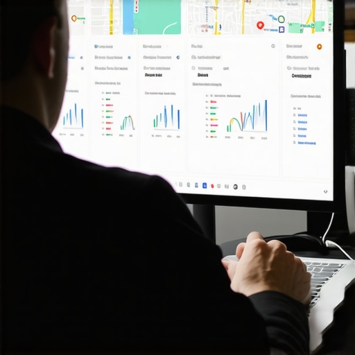 SEO professional reviewing Google My Business insights and rankings charts for local SEO strategy.