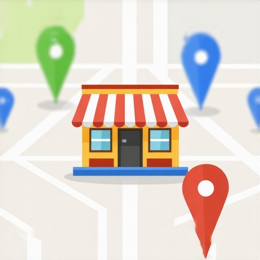 Illustration showing a local business with surrounding map pins indicating hyper-local signals for Google Maps ranking