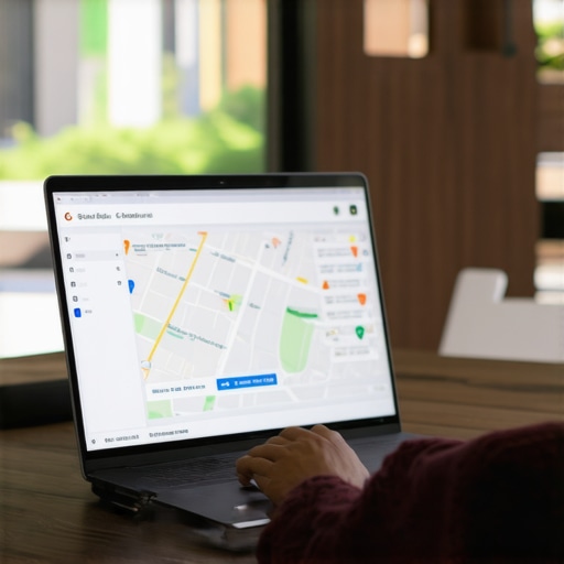 Person optimizing Google My Business profile on laptop with local map in background.
