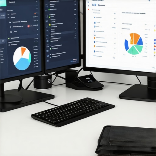 A desk with multiple monitors showing SEO analytics, citation reports, and review management dashboards.