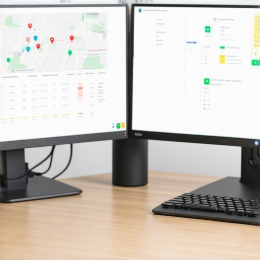 A professional analyzing SEO and map ranking data on computer screens