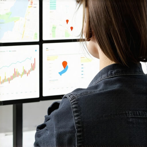 Person reviewing local SEO performance metrics on a laptop with maps and graphs.