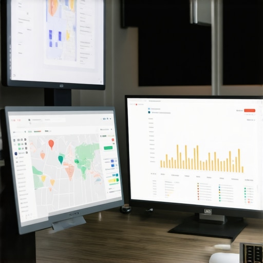 Screenshots of SEO tools monitoring local map rankings and citation consistency in a modern office setting