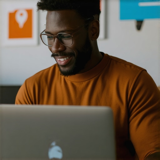 Business owner optimizing Google My Business profile on laptop surrounded by local marketing materials.