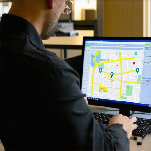Business owner verifying local signals on a computer with maps.