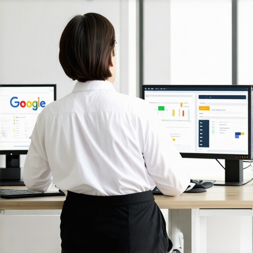 Business owner working on local map optimization with digital tools, showing a computer screen with GMB settings