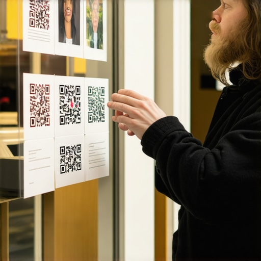 Business storefront with QR code signs encouraging reviews and photo uploads