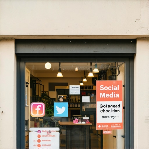 Business storefront with signage prompting social media check-ins, geo-tagged for local SEO